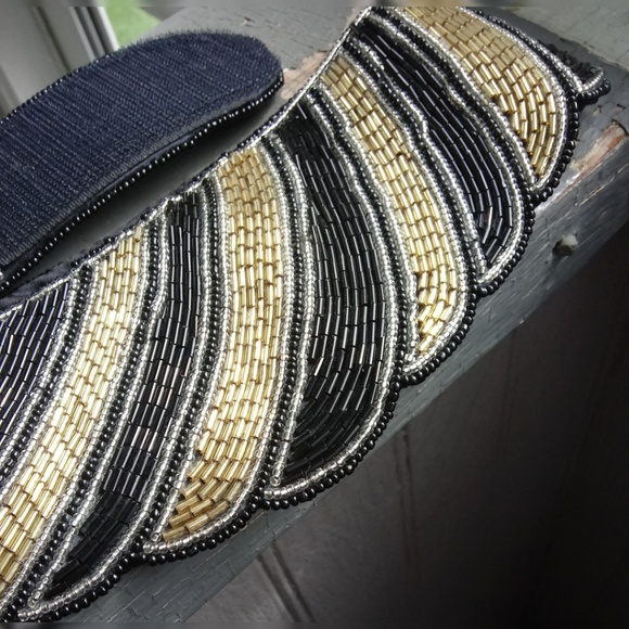 Vintage 80s hand beaded black gold scalloped disco belt velcro closure S / M - Picture 11 of 17